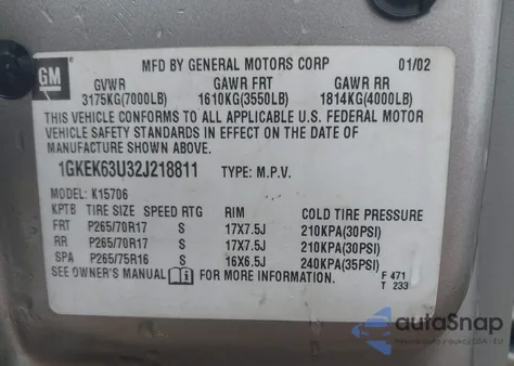 2002 GMC Yukon Denali from USA, damaged, VIN 1GKEK63U32J218811